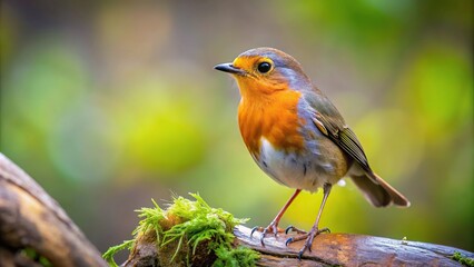 Robin bird sitting on a fallen tree in the wild forest