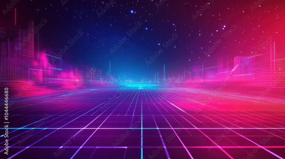 Poster a futuristic vector background with neon-colored gridlines and 3d shapes, evoking a virtual reality 