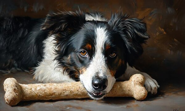 A close-up of a black and white dog resting its head on a large bone.