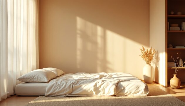 Minimalist bedroom with soft natural light and neutral tones for relaxation and serenity