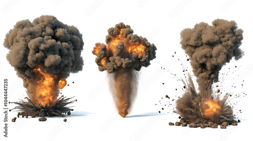Poster explosions with smoke and debris on a transparent background generative ai