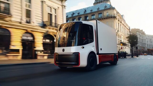 Empty blank white mockup on the electric small truck vehicle driving through the city street, template for advertisement , delivery truck van for ecommerce products