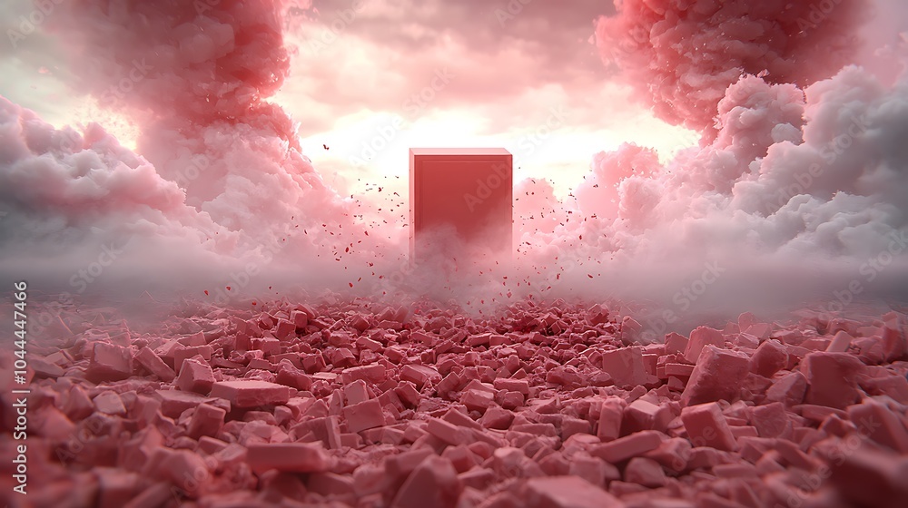Aufkleber surreal landscape of a monolithic structure amidst a dreamlike cloudscape with floating debris in a 