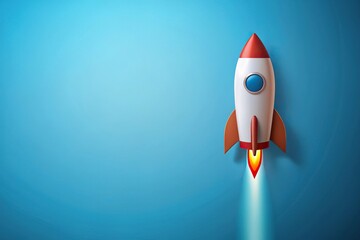 Rocket flying in minimalist style on blue background