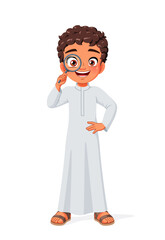 Young Arab boy looking through a magnifying glass. Cartoon vector illustration.