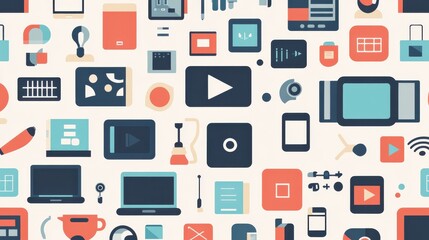 design icons of various technology elements, such as smartphones, laptops, and cloud storage, arranged in a seamless pattern