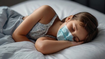 Naklejka premium Ill child in bed, masked for protection, COVID-19, 8K resolution