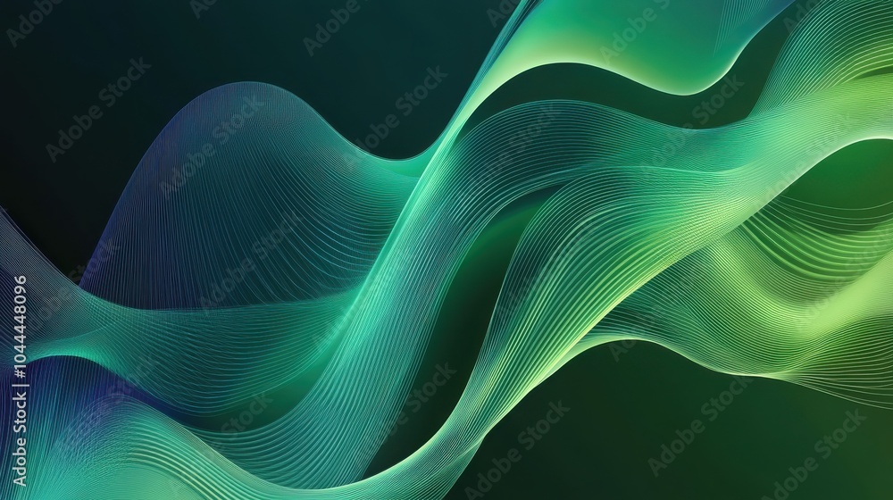 Poster a vector background with abstract waves and curving lines in shades of green and blue, creating a fl