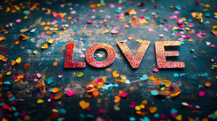 text - "LOVE" written with colorful confetti scattered around on a festive table