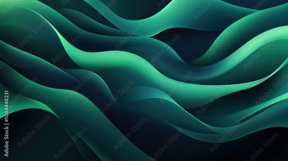 Poster a vector background with abstract waves and curving lines in shades of green and blue, creating a fl