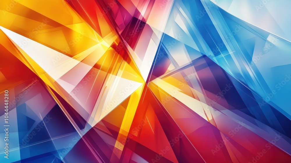 Poster a bright and bold vector background with overlapping triangles in vibrant shades of red, blue, and y