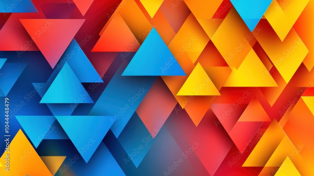 Poster a bright and bold vector background with overlapping triangles in vibrant shades of red, blue, and y