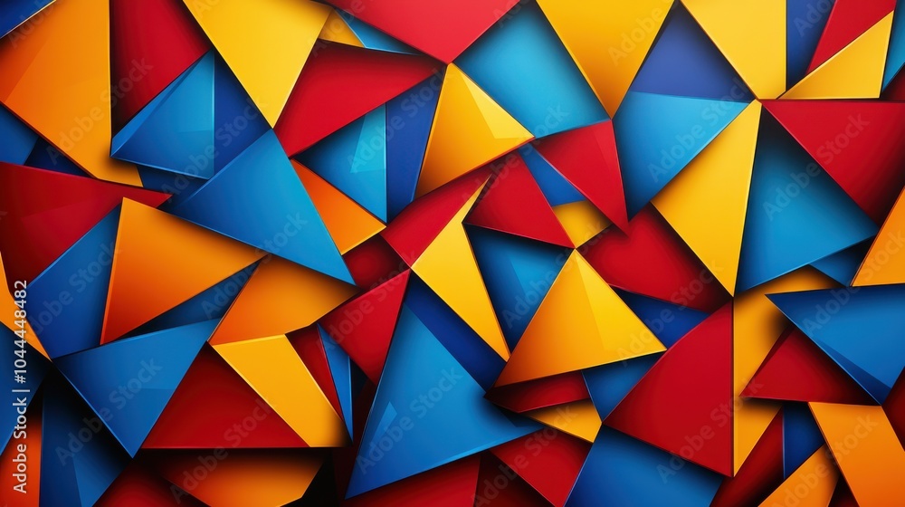 Poster a bright and bold vector background with overlapping triangles in vibrant shades of red, blue, and y