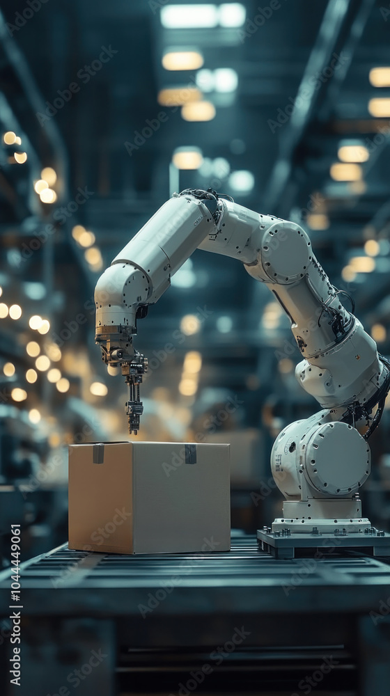 Poster a robot is working on a box in a factory. the robot is white and has a long arm. the box is brown an