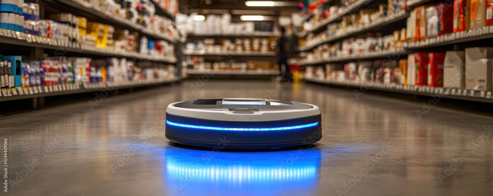 Poster a robot is in a store aisle. the robot is blue and white
