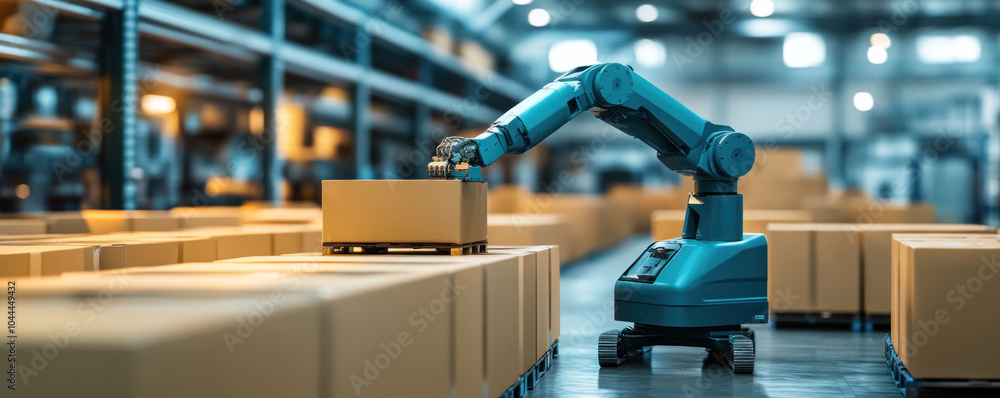 Poster a robot is working in a warehouse, picking up boxes and placing them on a conveyor belt