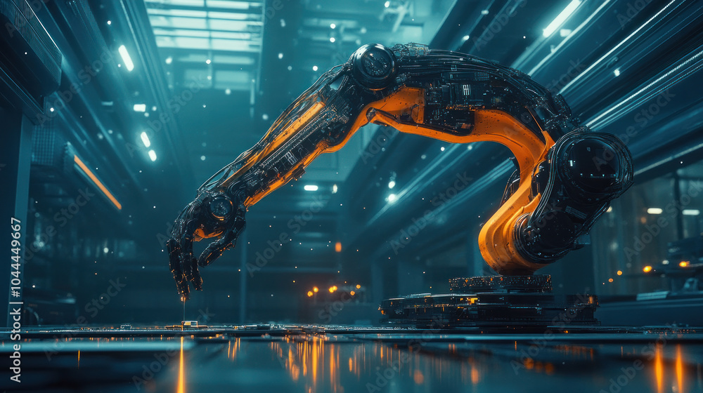 Poster a robot is seen in a futuristic setting with a bright orange arm. the robot is surrounded by a lot o