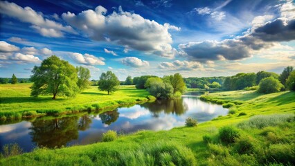 Fototapeta premium Serene summer landscape with trees, river, greenery, and scattered clouds
