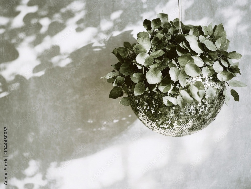 Poster eco-friendly leaf disco ball on textured background with soft shadows