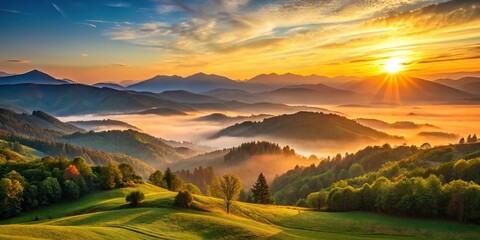 Fototapeta premium Serene sunrise over majestic mountains casting warm glow on rolling hills and tranquil valley below