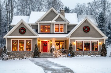 A house decorated for Christmas with lights, wreaths, and decorations on the front porch
