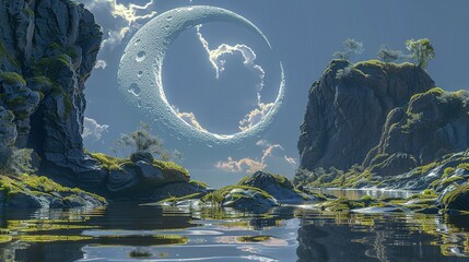 Fototapeta premium Natural Mystique: Moonlit River Scene in a Fantastical Setting