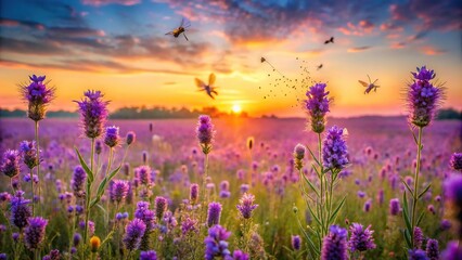 Fototapeta premium Serene sunset over a field of purple wildflowers with insects fluttering Close-Up
