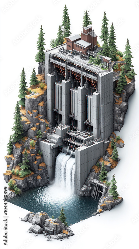 Poster a large waterfall is surrounded by trees and rocks. the waterfall is a large concrete structure with