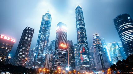Obraz premium A vibrant city skyline illuminated at night, showcasing tall skyscrapers and a glowing urban atmosphere.