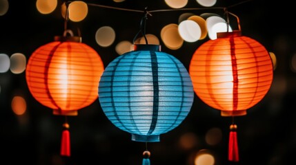 Obraz premium Colorful Paper Lanterns Hanging in Darkness with Bokeh Lights