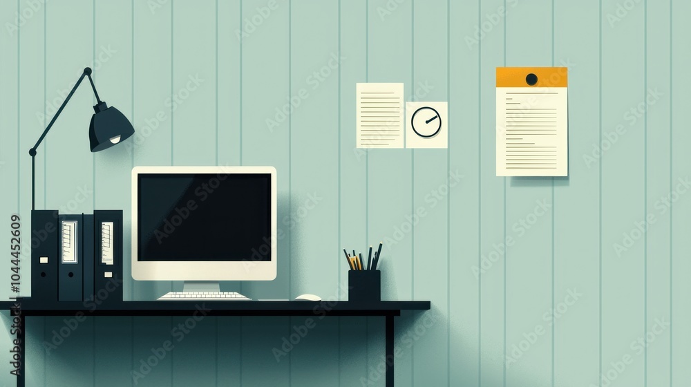 Poster high-resolution image of a tranquil office setup with modern technology and organized workspace aest