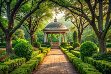 Obraz premium Serene tree-lined path leading to majestic gazebo in ethereal garden