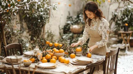 Vintage Winter Garden Table with Citrus Decor and Cozy Rustic Style