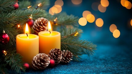 Christmas Candles  Pine Branches  and Festive Lights