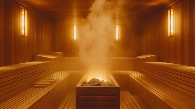 Steaming Sauna Interior With Wooden Benches and Stone Heater