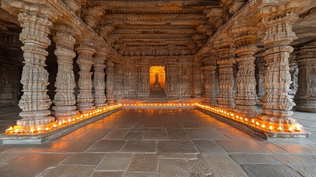 Ancient Indian Temple Interior with Ornate Pillars and Candlelight