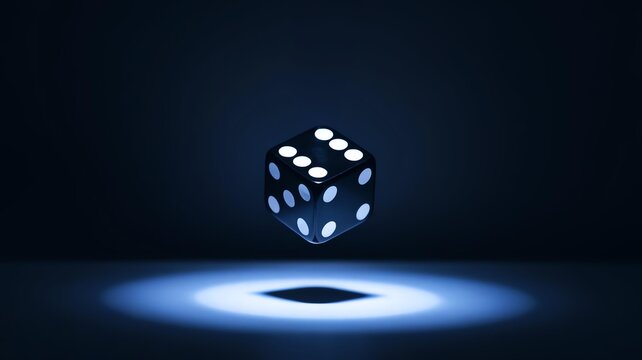 A floating black die with white dots against a dark background, creating a mystical and engaging atmosphere.