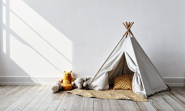 A cozy children's play area featuring a teepee, cushions, and stuffed animals.