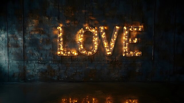 text - "LOVE" spelled out with string lights on a dark wall creating a glowing effect
