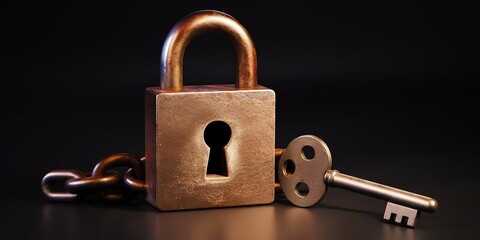 Vintage brass padlock with key and chain on dark background.