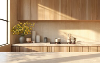 Modern kitchen design with wooden shelves and wooden countertop and hanging cabinet in natural lighting form window