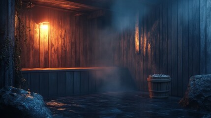 A Rustic Wooden Sauna Interior with Steam and a Bucket of Rocks