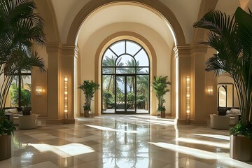 Fototapeta premium Elegant Lobby with Arched Architecture and Lush Greenery
