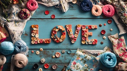 text - "LOVE" spelled out with buttons on a sewing table surrounded by thread and fabric