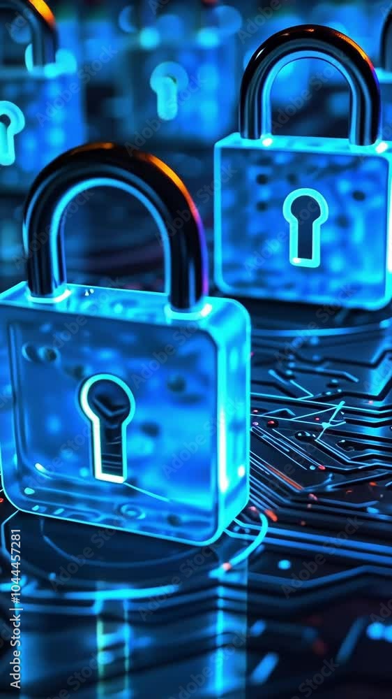 Poster a collection of glowing blue digital locks stands prominently on a dark circuit board, representing 