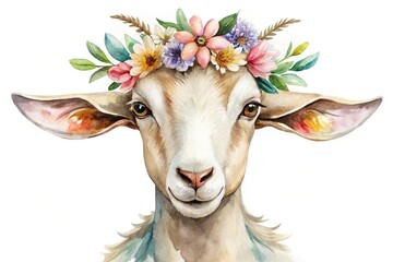 Serene watercolor goat with a floral crown on a white background