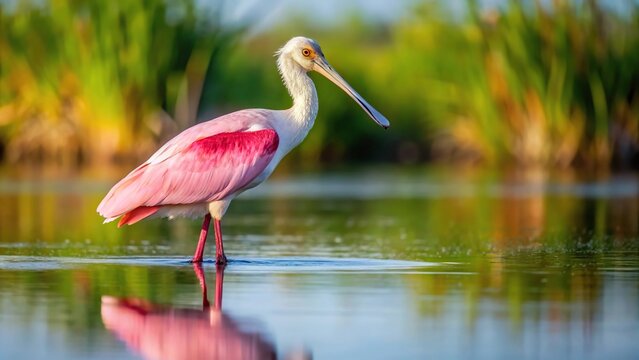 Roseate Spoonbill wading in a shallow lagoon, Platalea ajaja
