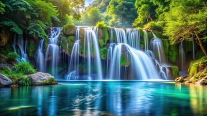 Obraz premium Serene waterfall cascading over tranquil body of water with depth of field effect