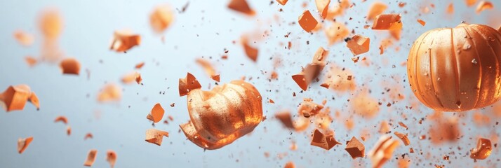 Abstract Futuristic Halloween Metallic Pumpkins Shattering in Mid-Air Against a Light Background