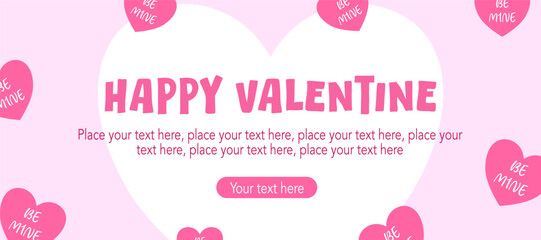 Trendy Happy Valentine's Day with cute pink heart, simple pattern in pink background for sale, advertising, brochures, postcard, greeting card, flyer, banners, social media. vector illustration